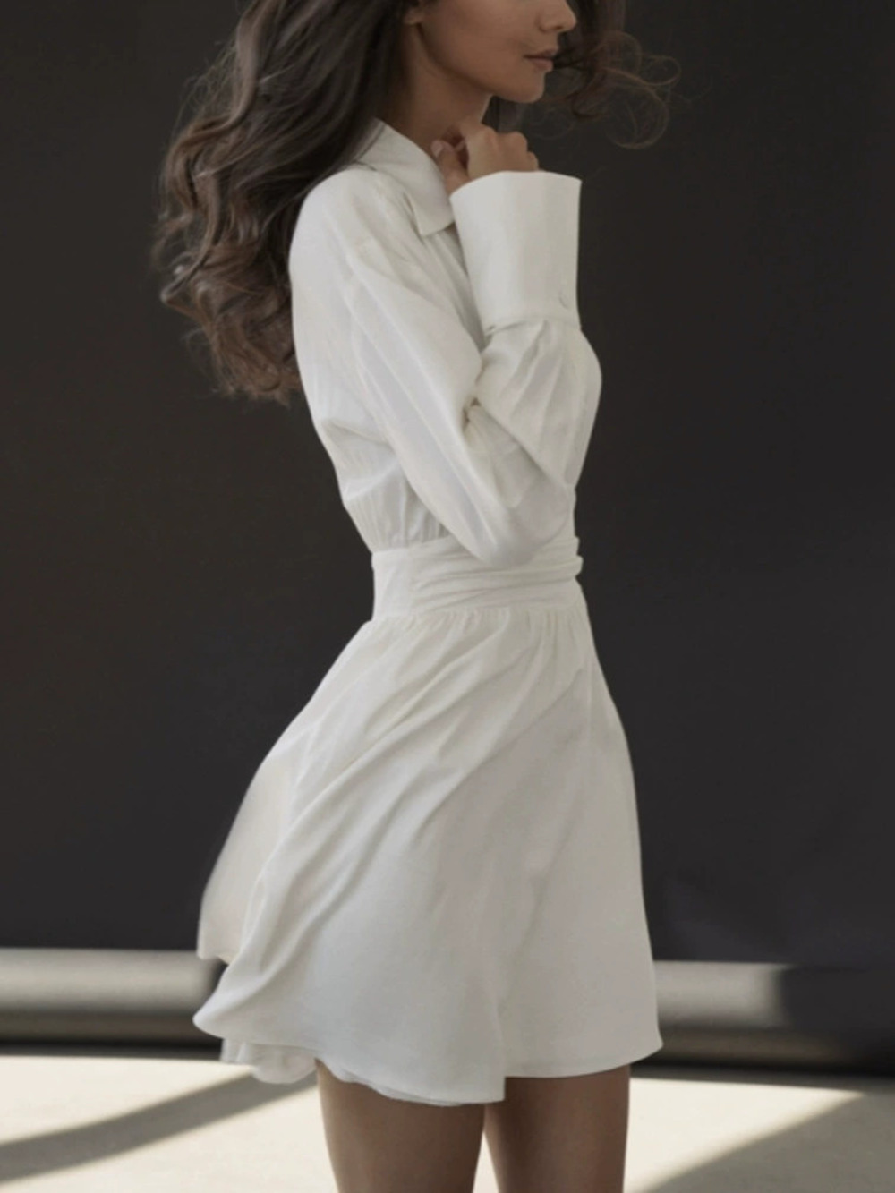 Zara Pleated Collar Waist Tie Long Sleeve Mini Dress for Fall